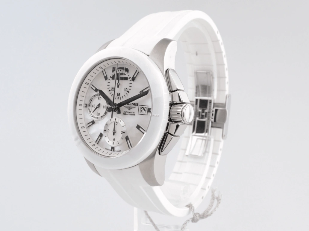 Longines,Conquest 41mm,41mm,Ceramic,Stainless Steel,White,Automatic,Chronograph,Day,L3,L3.661.4.86.0