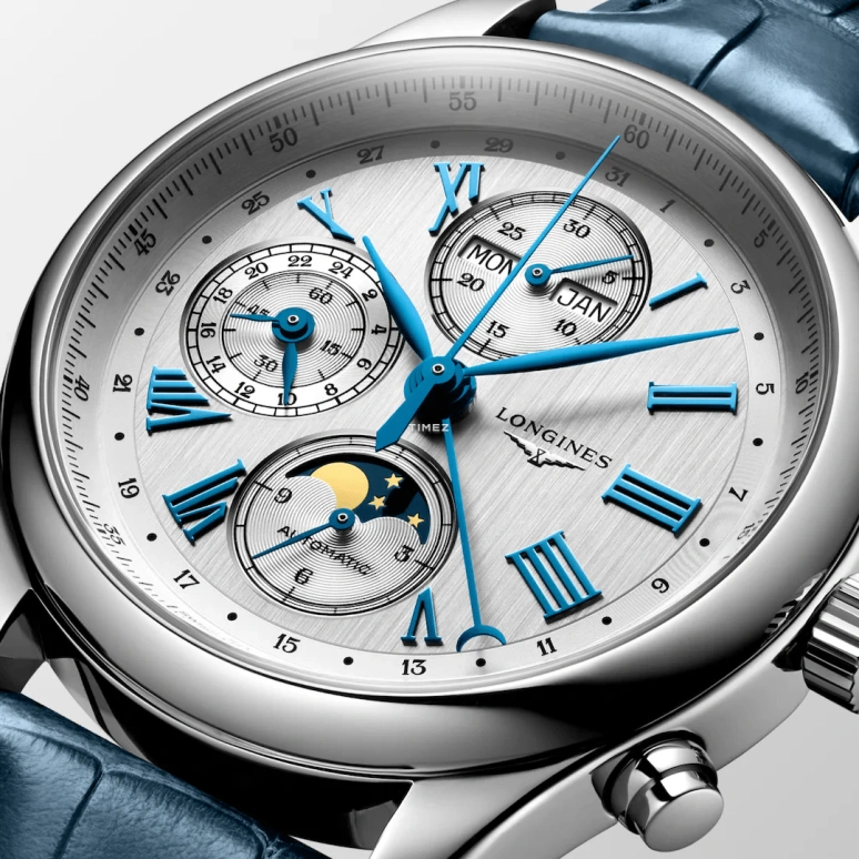 Longines,Master 42mm,42mm,Stainless Steel,Silver,Automatic,Chronograph,Moonphase,Month,Date,66hours,In-house Caliber,L2,L2.773.4.71.2