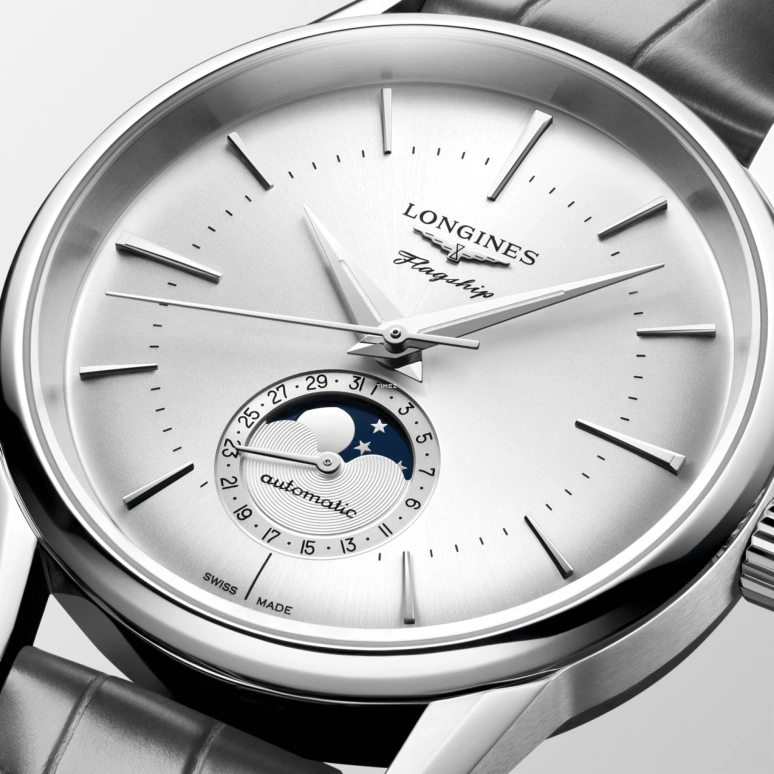 Longines,Flagship 38.50mm,38.50mm,Stainless Steel,Silver,Automatic,Moonphase,Day,L4,L4.815.4.72.2
