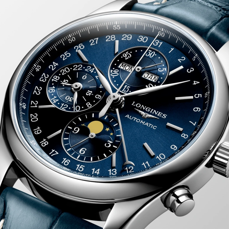 Longines,Master 42mm,42mm,Stainless Steel,Blue,Automatic,Chronograph,Moonphase,Month,Date,66hours,In-house Caliber,L2,L2.773.4.92.0
