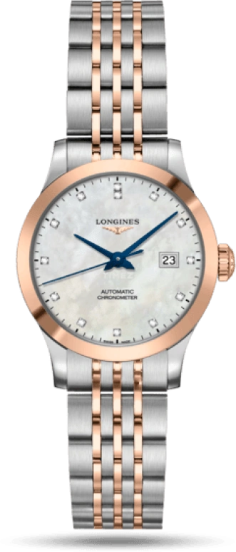 Longines,Record 30mm,30mm,Pink Gold,Stainless Steel,White,Automatic,Date,40hours,L2,L2.321.5.87.7