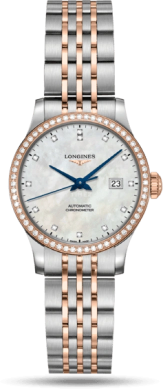 Longines,Record 30mm,30mm,Pink Gold,Stainless Steel,White,Automatic,Date,40hours,L2,L2.321.5.89.7