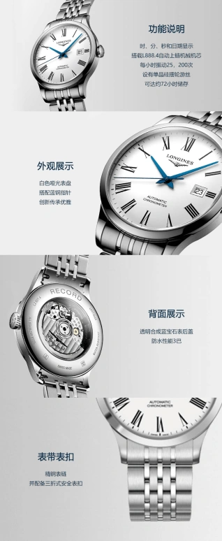 Longines,Record 40mm,40mm,Stainless Steel,White,Automatic,Date,64hours,L2,L2.821.4.11.6