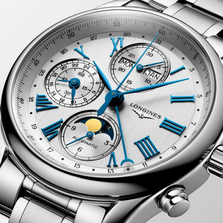 Longines,Master 40mm,40mm,Stainless Steel,Silver,Automatic,Chronograph,Moonphase,Month,Date,54hours,In-house Caliber,L2,L2.673.4.71.6