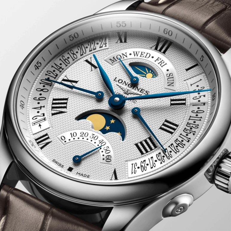 Longines,Master 44mm,44mm,Stainless Steel,Silver,Automatic,Moonphase,Date,Power Reserve Indicator,Flyback,48hours,In-house Caliber,L2,L2.739.4.71.3