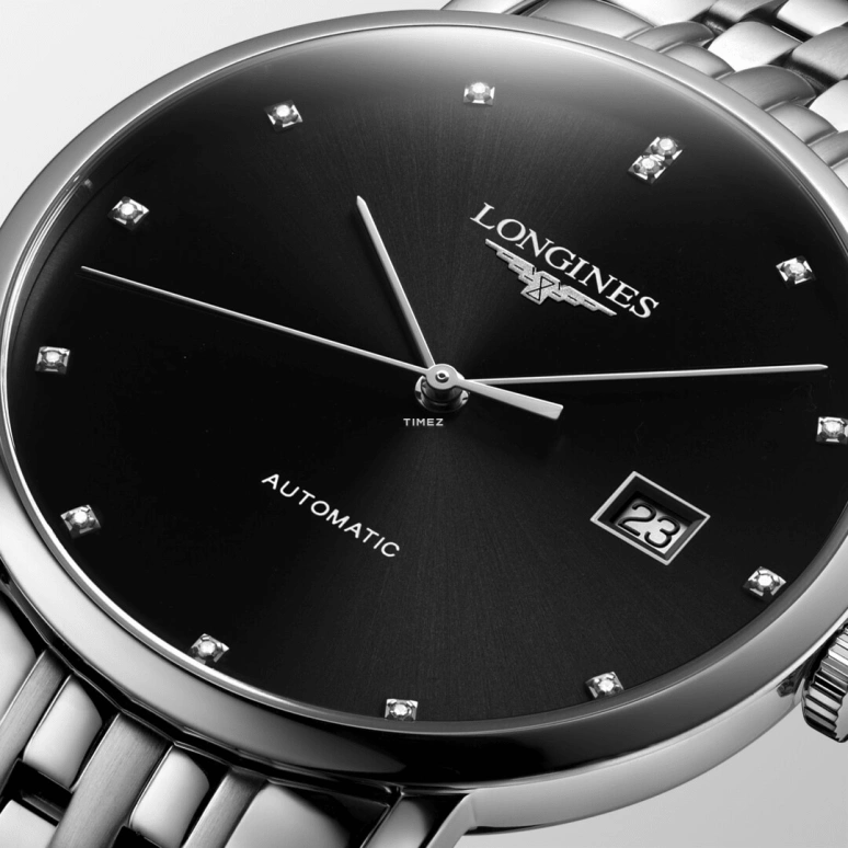 Longines,Elegant 39mm,39mm,Stainless Steel,Black,Automatic,Day,65hours,L4,L4.910.4.57.6