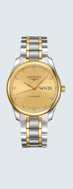 Longines,Master 38.50mm,38.50mm,Yellow Gold,Stainless Steel,Champagne,Automatic,Date,Day,L2,L2.755.5.37.7