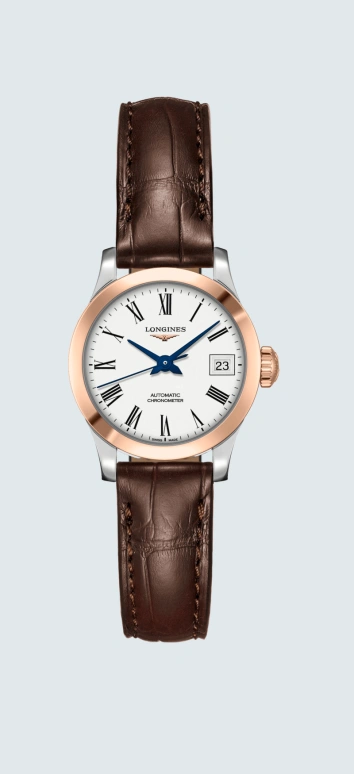 Longines,Record 26mm,26mm,Pink Gold,Stainless Steel,White,Automatic,Date,40hours,L2,L2.320.5.11.2