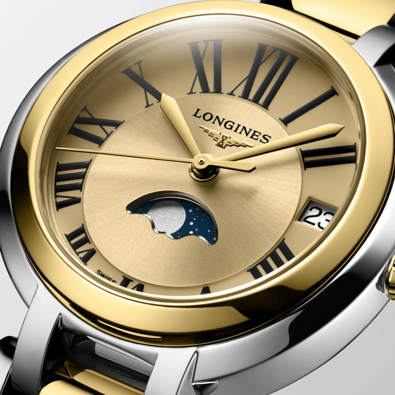 Longines,PrimaLuna 30.50mm,30.50mm,Stainless Steel,Gold,Quartz,Moonphase,Day,L8,L8.115.5.31.7