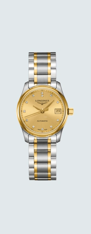 Longines,Master 29mm,29mm,Yellow Gold,Stainless Steel,Champagne,Automatic,Date,40hours,L2,L2.257.5.37.7