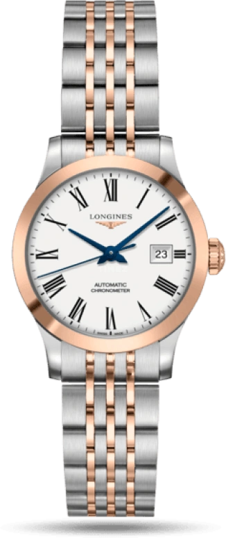 Longines,Record 30mm,30mm,Pink Gold,Stainless Steel,White,Automatic,Date,40hours,L2,L2.321.5.11.7