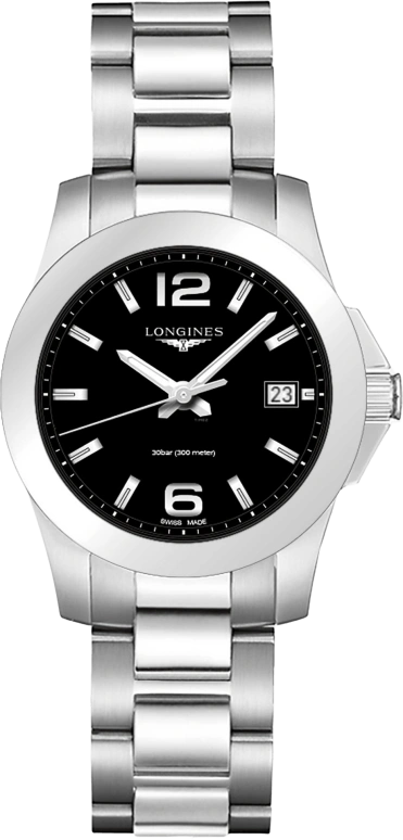 Longines,Conquest 34mm,34mm,Stainless Steel,Black,Quartz,Date,26280hours,L3,L3.377.4.58.6
