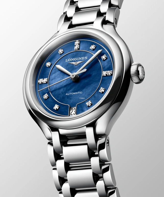 Longines,PrimaLuna 34mm,34mm,Stainless Steel,Blue,Automatic,Day,64hours,L8,L8.124.4.97.6