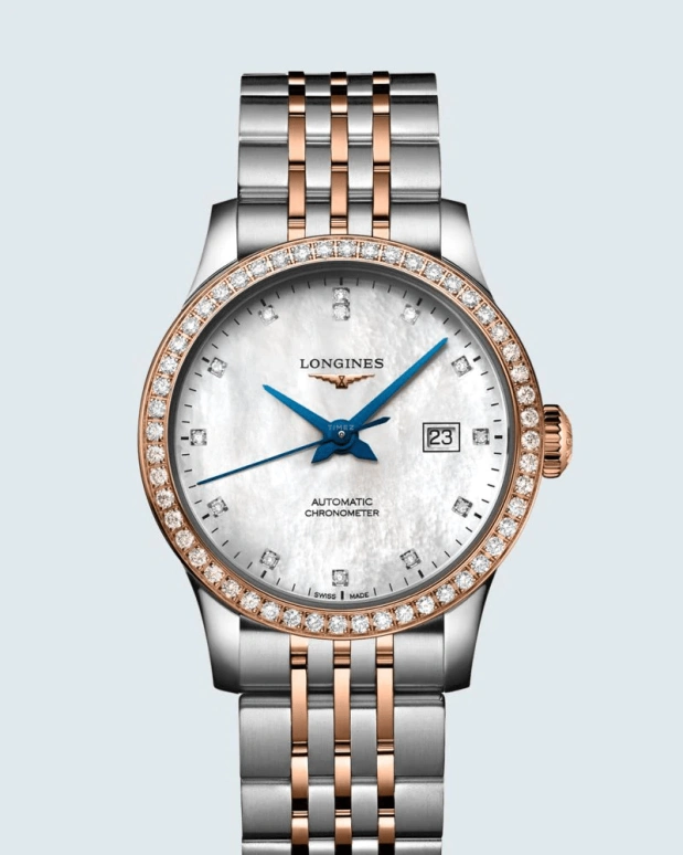 Longines,Record 30mm,30mm,Pink Gold,Stainless Steel,White,Automatic,Date,40hours,L2,L2.321.5.89.7