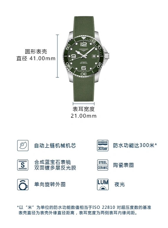 Longines,HydroConquest 41mm,41mm,Stainless Steel,Green,Automatic,Date,65hours,L3,L3.781.4.06.9