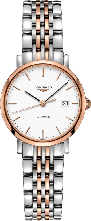 Longines,Elegant 29mm,29mm,Pink Gold,Stainless Steel,White,Automatic,Date,40hours,L4,L4.310.5.12.7