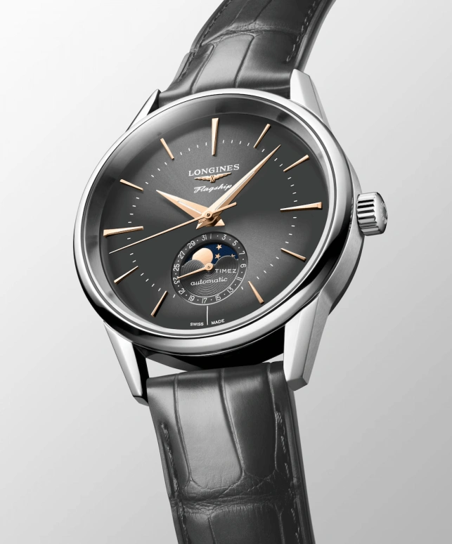 Longines,Flagship 38.50mm,38.50mm,Stainless Steel,Smoky Coal,Automatic,Moonphase,Day,L4,L4.815.4.52.2