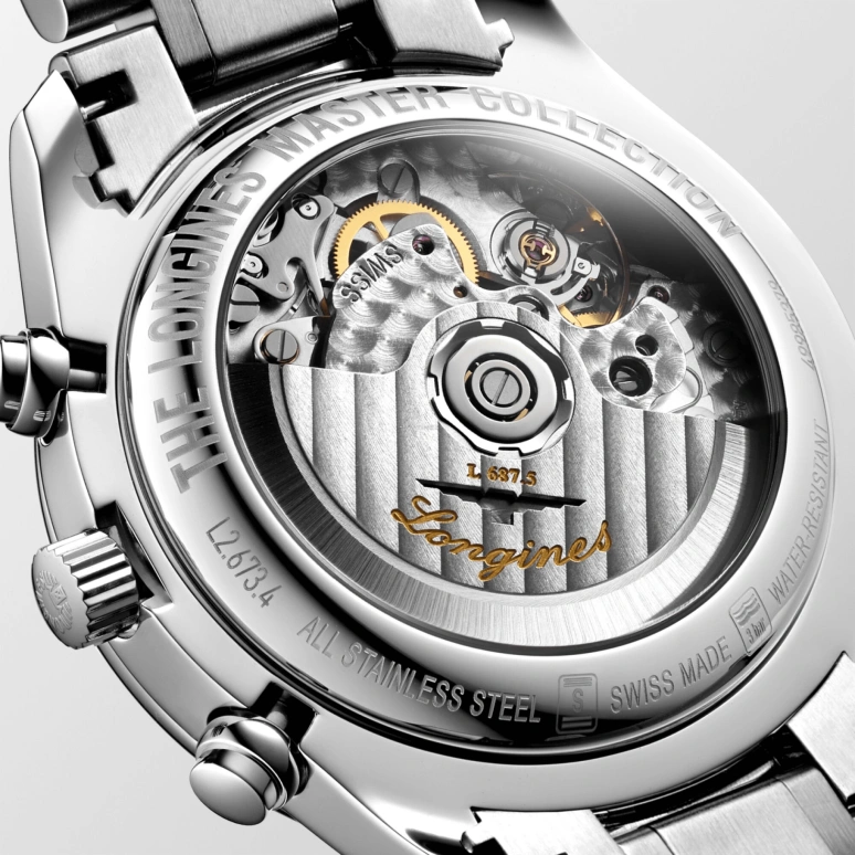 Longines,Master 40mm,40mm,Stainless Steel,Silver,Automatic,Chronograph,Moonphase,Month,Date,54hours,In-house Caliber,L2,L2.673.4.71.6