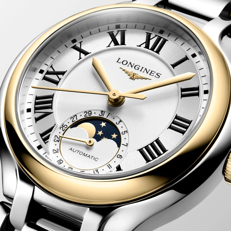 Longines,PrimaLuna 34mm,34mm,Stainless Steel,Yellow Gold,Silver,Automatic,Moonphase,Day,L8,L8.126.5.79.7