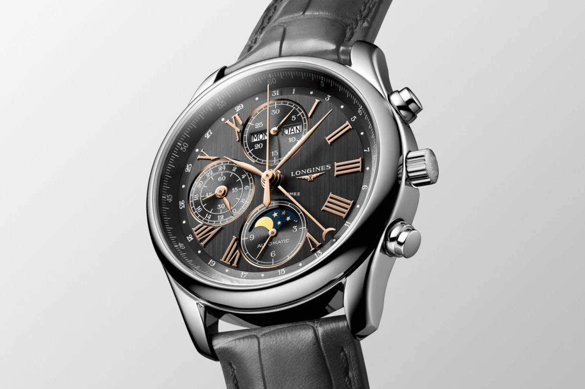 Longines,Master 40mm,40mm,Stainless Steel,Black,Smoky Coal,Automatic,Chronograph,Moonphase,Month,Date,54hours,In-house Caliber,L2,L2.673.4.61.2