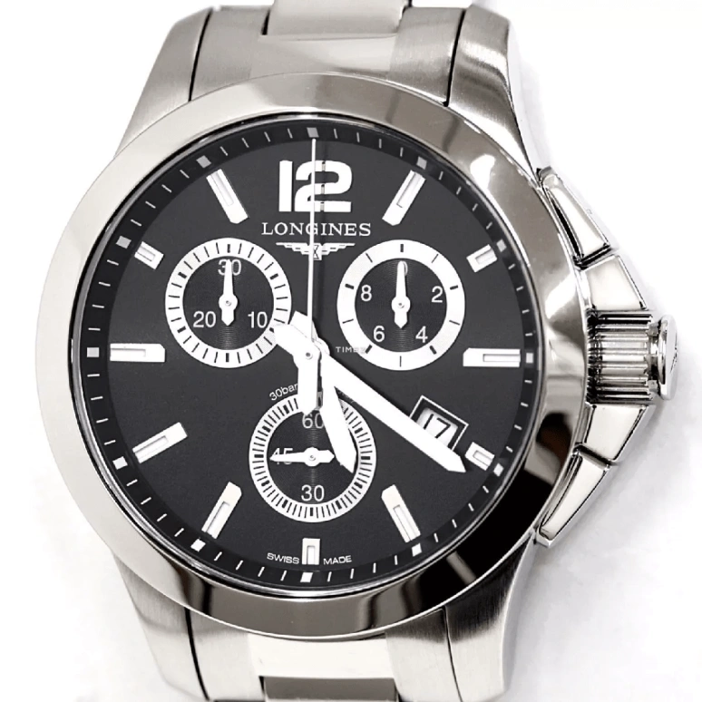 Longines,Conquest 36mm,36mm,Stainless Steel,Black,Quartz,Chronograph,Day,L3,L3.379.4.56.6