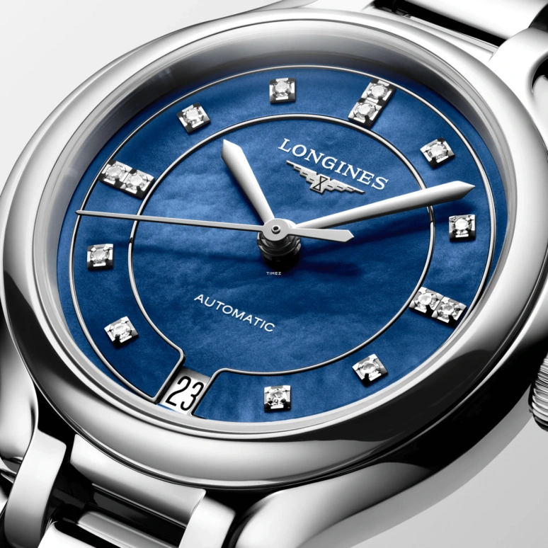 Longines,PrimaLuna 34mm,34mm,Stainless Steel,Blue,Automatic,Day,64hours,L8,L8.124.4.97.6