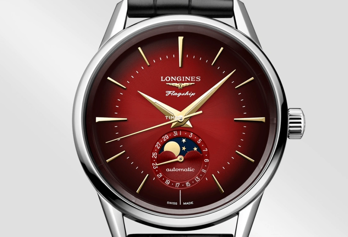Longines,Heritage Classic 38.50mm,38.50mm,Stainless Steel,Red,Automatic,Moonphase,Day,L4,L4.815.4.09.2