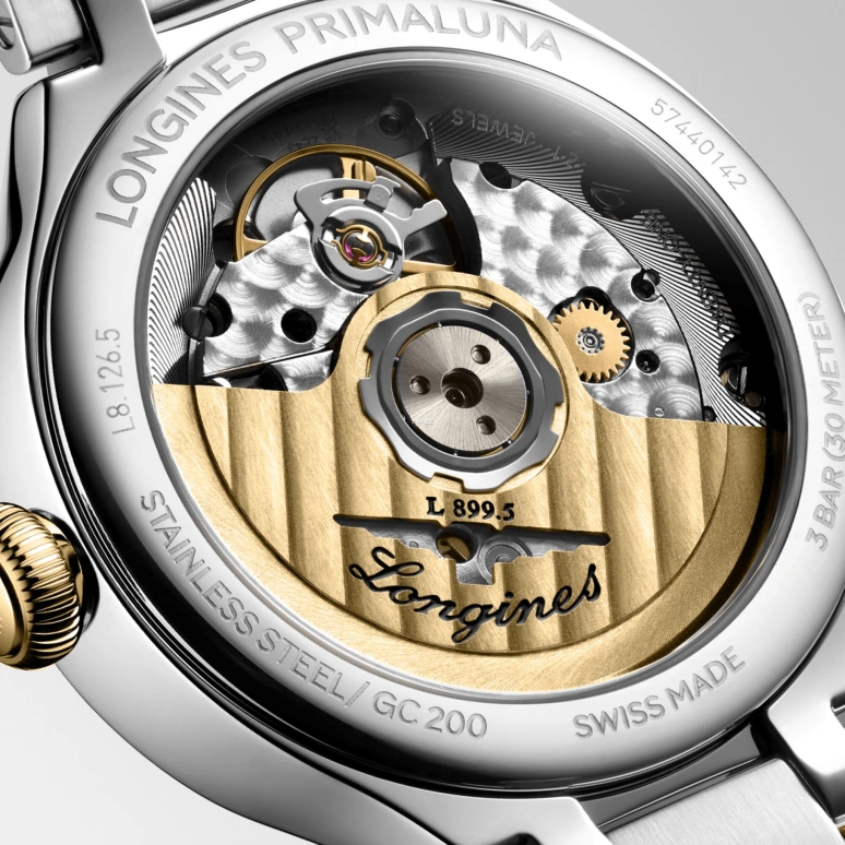 Longines,PrimaLuna 34mm,34mm,Stainless Steel,Yellow Gold,Silver,Automatic,Moonphase,Day,L8,L8.126.5.79.7