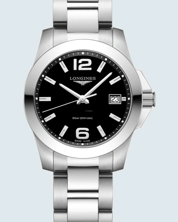 Longines,Conquest 34mm,34mm,Stainless Steel,Black,Quartz,Date,26280hours,L3,L3.377.4.58.6