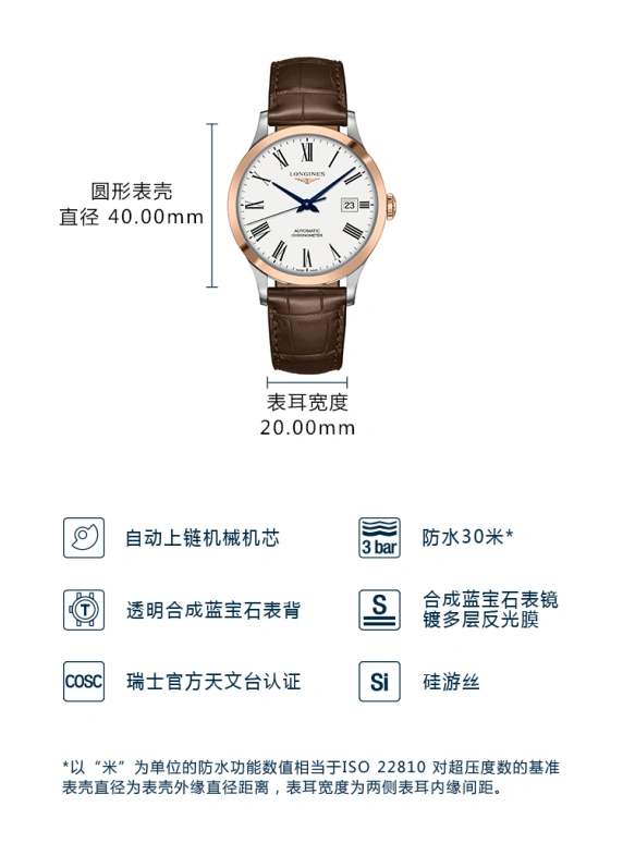 Longines,Record 40mm,40mm,Pink Gold,Stainless Steel,White,Automatic,Date,64hours,L2,L2.821.5.11.2