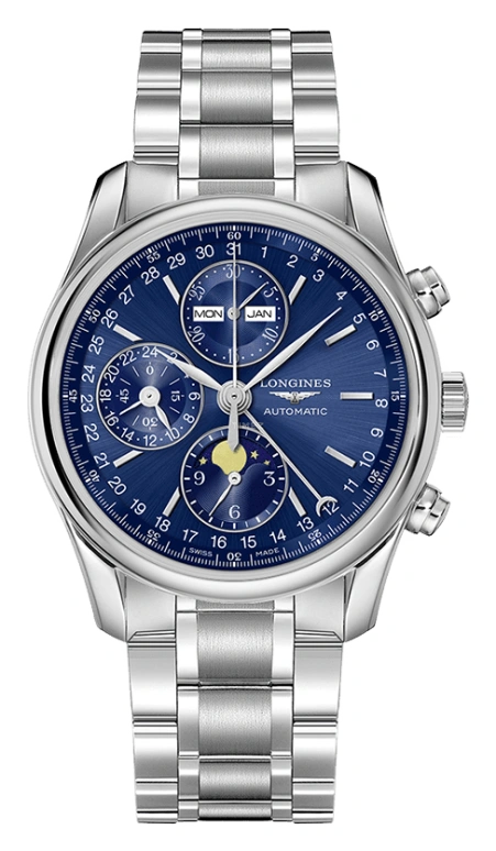 Longines,Master 40mm,40mm,Stainless Steel,Blue,Automatic,Chronograph,Moonphase,Month,Date,66hours,In-house Caliber,L2,L2.673.4.92.6