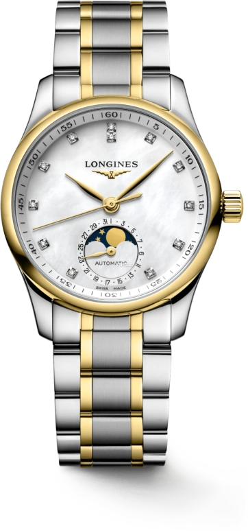 Longines,Master 34mm,34mm,Stainless Steel,Yellow Gold,White,Automatic,Moonphase,Day,L2,L2.409.5.87.7