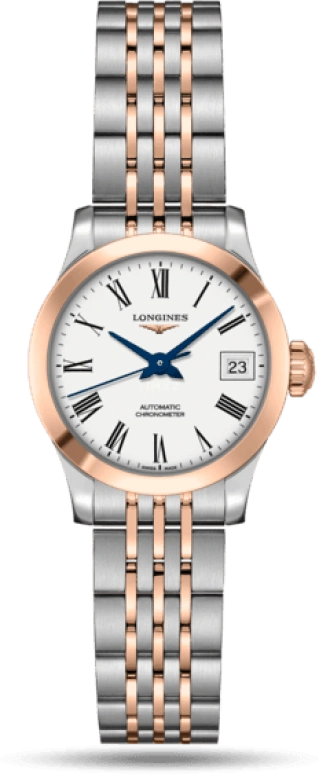 Longines,Record 26mm,26mm,Pink Gold,Stainless Steel,White,Automatic,Date,40hours,L2,L2.320.5.11.7
