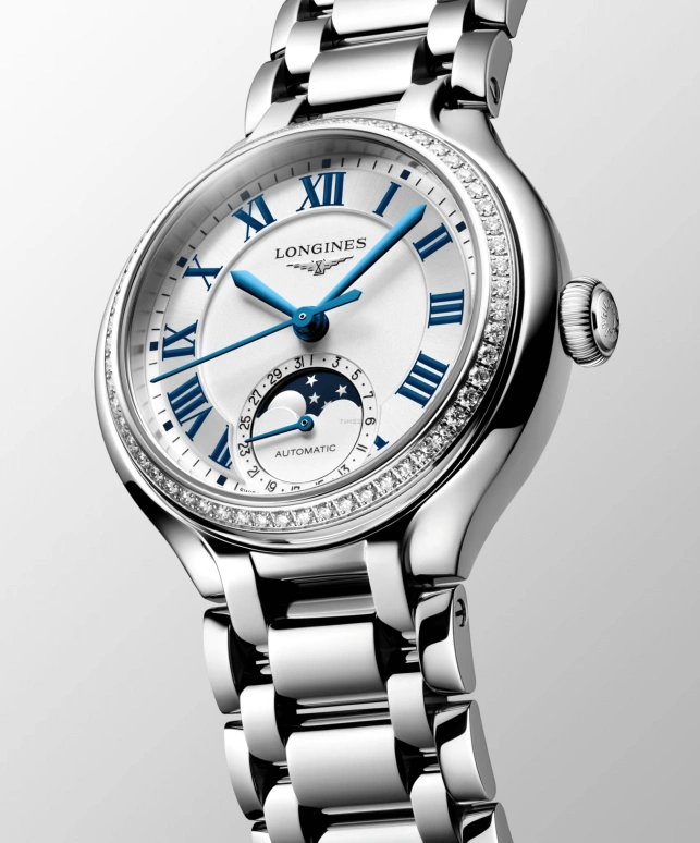 Longines,PrimaLuna 34mm,34mm,Stainless Steel,Silver,Automatic,Moonphase,Day,L8,L8.126.0.71.6