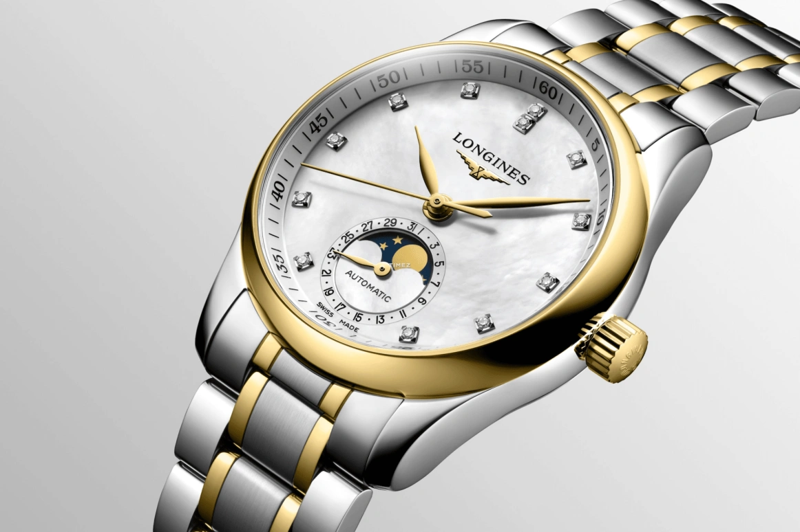 Longines,Master 34mm,34mm,Stainless Steel,Yellow Gold,White,Automatic,Moonphase,Day,L2,L2.409.5.87.7