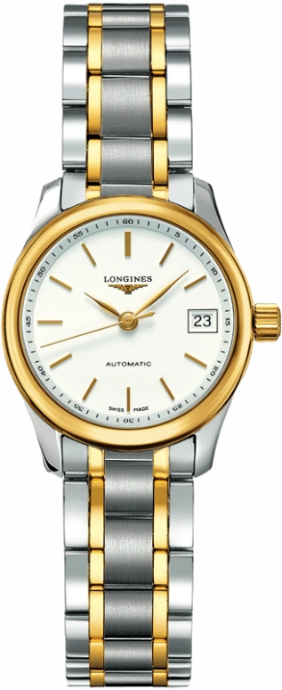 Longines,Master 25.50mm,25.50mm,Yellow Gold,Stainless Steel,White,Automatic,Date,40hours,L2,L2.128.5.12.7