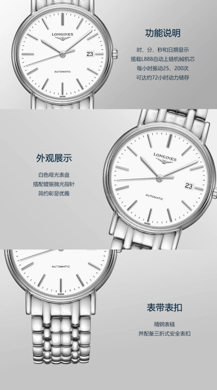 Longines,Presence 38.50mm,38.50mm,Stainless Steel,White,Automatic,Date,65hours,L4,L4.921.4.12.6
