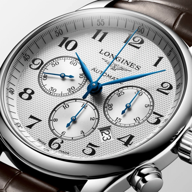 Longines,Master 44mm,44mm,Stainless Steel,Silver,Automatic,Chronograph,Moonphase,Date,Column Wheel,54hours,In-house Caliber,L2,L2.859.4.78.3