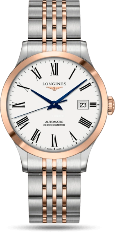 Longines,Record 38.50mm,38.50mm,Pink Gold,Stainless Steel,White,Automatic,Date,64hours,L2,L2.820.5.11.7