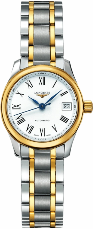 Longines,Master 25.50mm,25.50mm,Yellow Gold,Stainless Steel,White,Automatic,Date,40hours,L2,L2.128.5.11.7