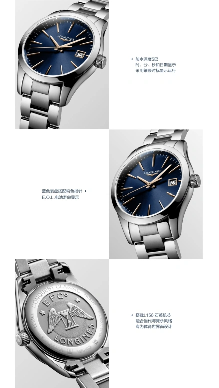 Longines,Conquest Classic 34mm,34mm,Stainless Steel,Blue,Quartz,Date,26280hours,L2,L2.386.4.92.6