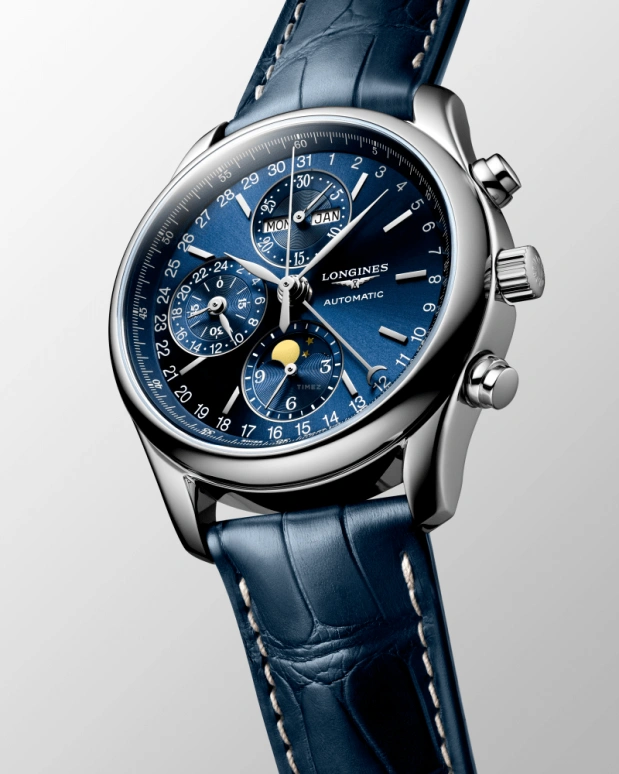 Longines,Master 40mm,40mm,Stainless Steel,Blue,Automatic,Chronograph,Moonphase,Month,Date,66hours,In-house Caliber,L2,L2.673.4.92.0