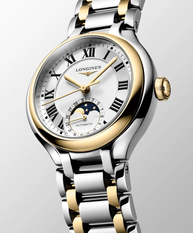 Longines,PrimaLuna 34mm,34mm,Stainless Steel,Yellow Gold,Silver,Automatic,Moonphase,Day,L8,L8.126.5.79.7