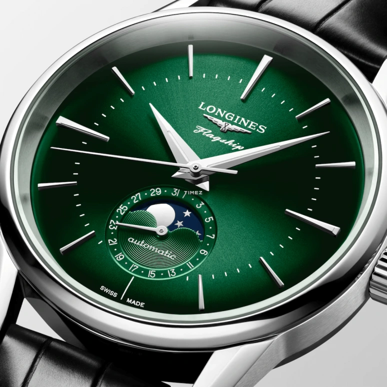 Longines,Flagship 38.50mm,38.50mm,Stainless Steel,Green,Automatic,Moonphase,Day,L4,L4.815.4.02.2
