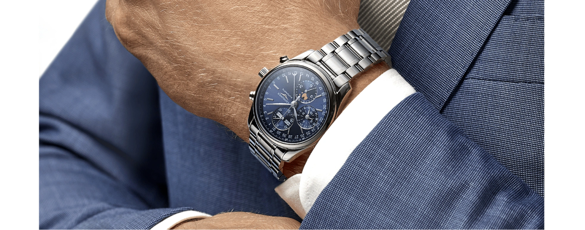 Longines,Master 40mm,40mm,Stainless Steel,Blue,Automatic,Chronograph,Moonphase,Month,Date,66hours,In-house Caliber,L2,L2.673.4.92.6