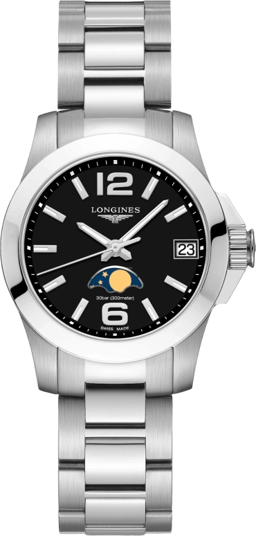 Longines,Conquest 29.50mm,29.50mm,Stainless Steel,Black,Quartz,Moonphase,Date,L3,L3.380.4.58.6