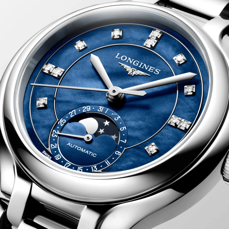 Longines,PrimaLuna 34mm,34mm,Stainless Steel,Blue,Automatic,Moonphase,Day,L8,L8.126.4.97.6