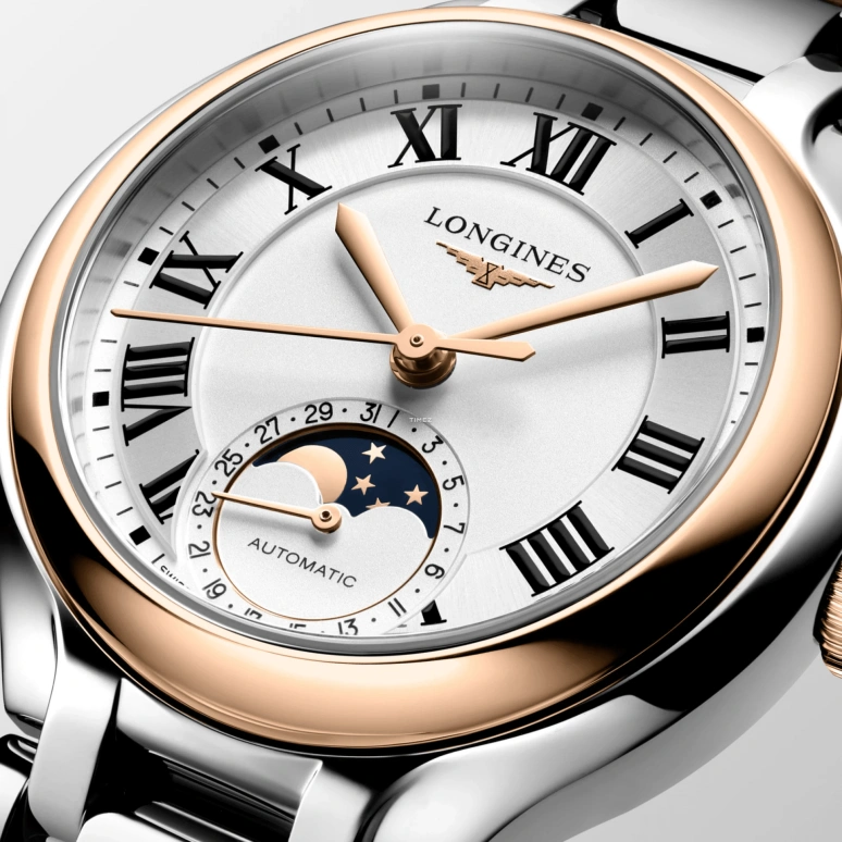 Longines,PrimaLuna 34mm,34mm,Stainless Steel,Rose Gold,Silver,Automatic,Moonphase,Day,L8,L8.126.5.71.2