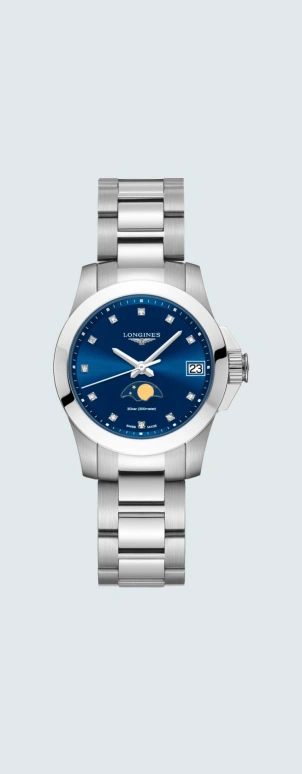Longines,Conquest 29.50mm,29.50mm,Stainless Steel,Blue,Quartz,Moonphase,Date,L3,L3.380.4.97.6