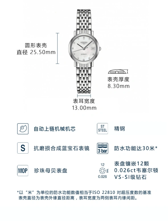 Longines,Elegant 25.50mm,25.50mm,Stainless Steel,White,Automatic,Date,40hours,L4,L4.309.4.87.6